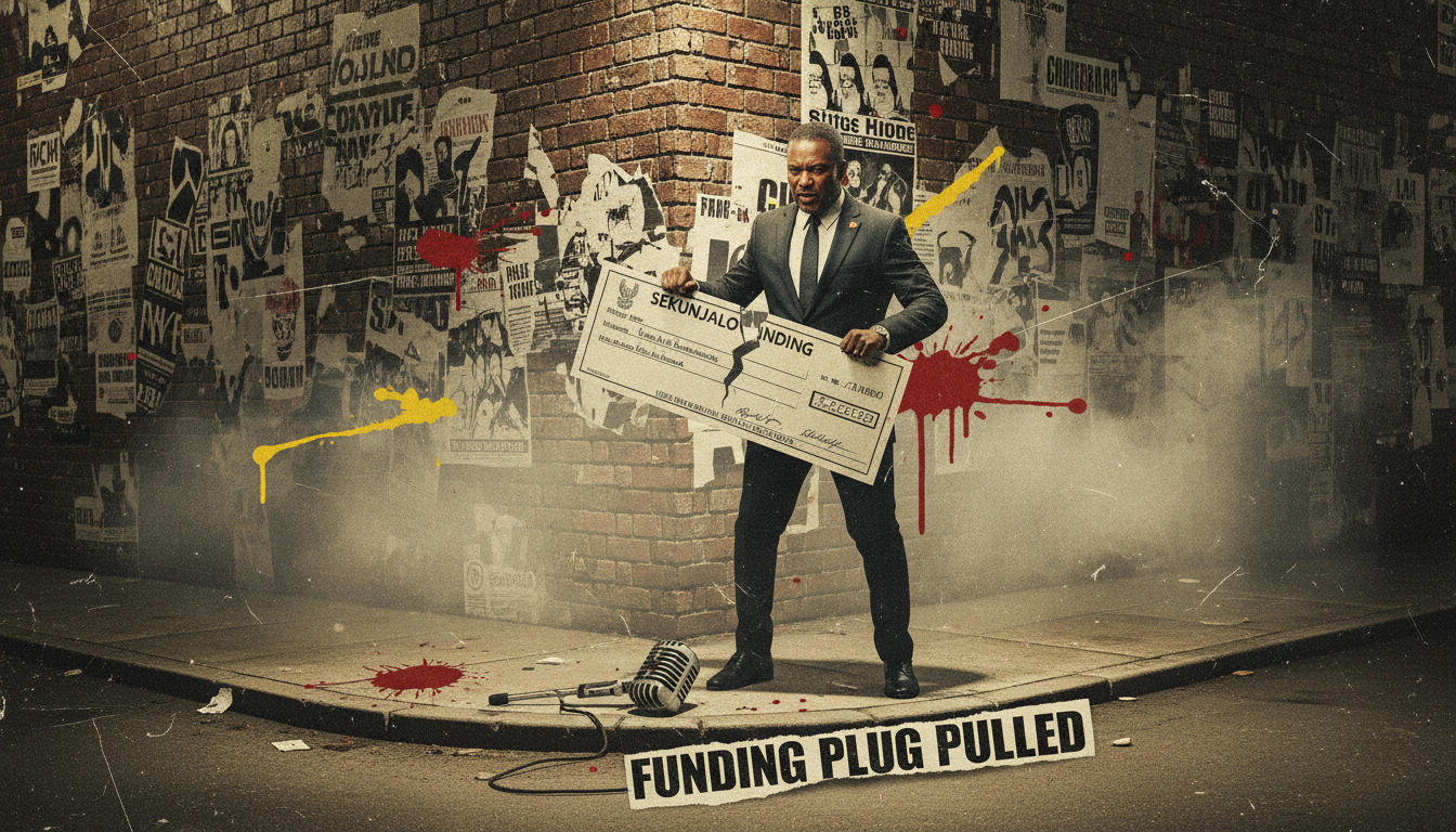 Punk-rock poster showing Sekunjalo tearing a funding check over a gritty Johannesburg street, with wheatpaste texture and bold headline 'FUNDING CUT'