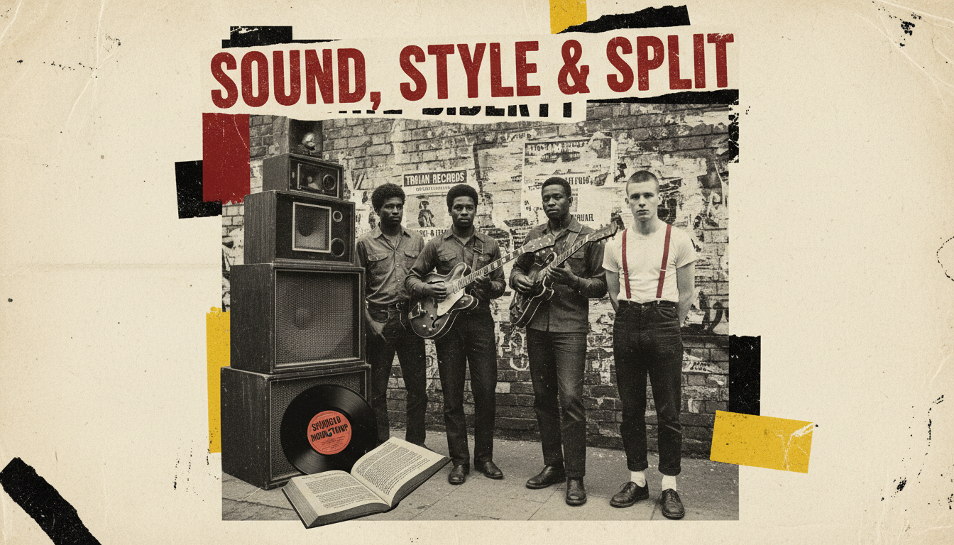 Punk‑rock poster style image of a London street scene showing Jamaican musicians and a skinhead youth beside a Trojan Records flyer, a sound‑system stack, and a vinyl record, with distressed textures, halftone wear, oxblood red and hazard yellow accents, and bold headline "SOUND STYLE SPLIT\).