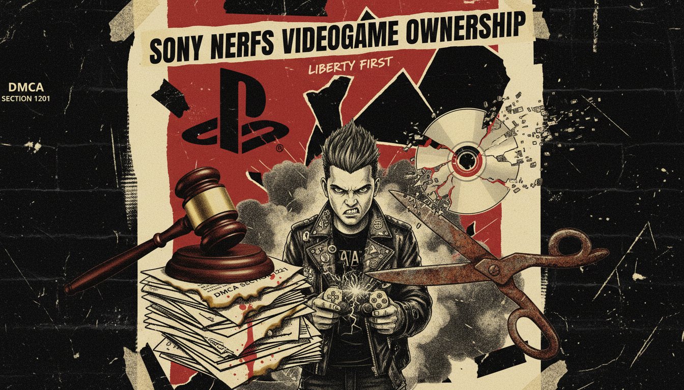Punk‑rock concert poster style image depicting a gamer with a broken PlayStation controller, a shredded game disc, a smashed PlayStation logo, a courtroom gavel on DMCA paperwork, and a surveillance camera over a TV showing subscription fees, all rendered on a distressed wheatpaste background with oxblood red, hazard yellow, muted gold, and dirty cream tones, featuring bold ripped‑paper headline 'OWN OR BE PWNED'.