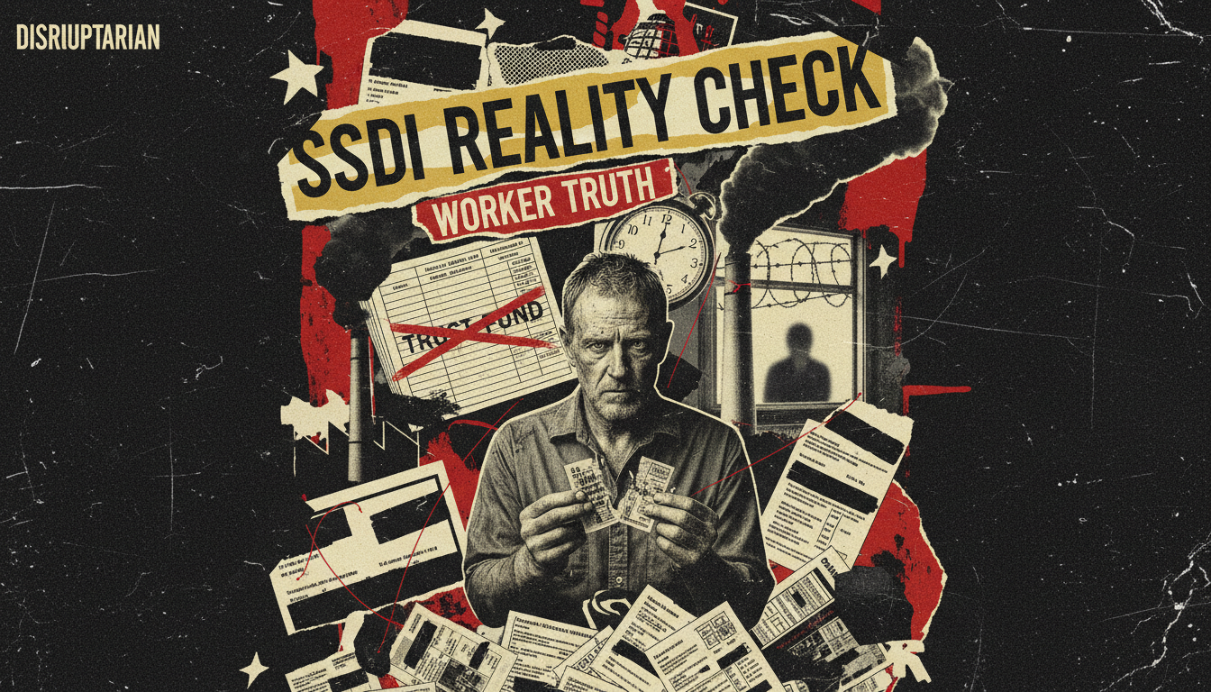 Disabled worker in front of deteriorating Social Security office, symbolizing insolvency and bureaucratic decay.