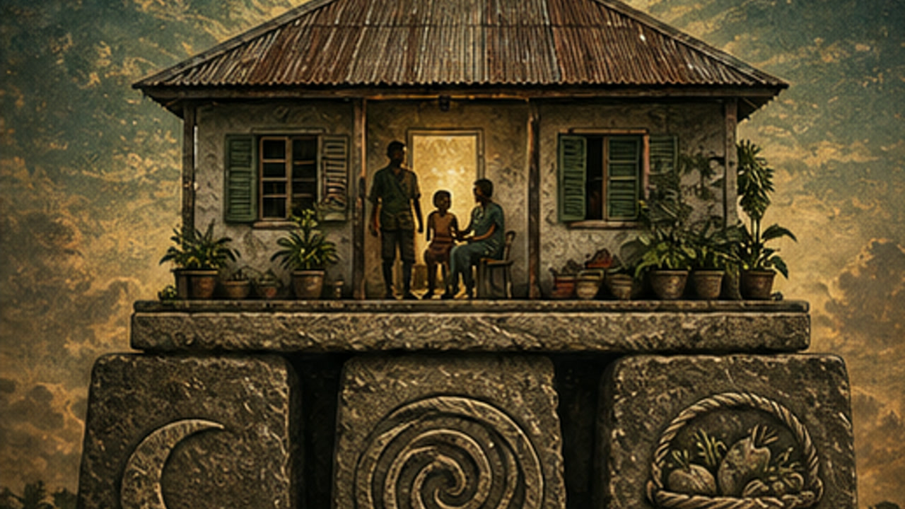 A family home rests on three carved foundations symbolizing sleep, breath, and nourishing food.