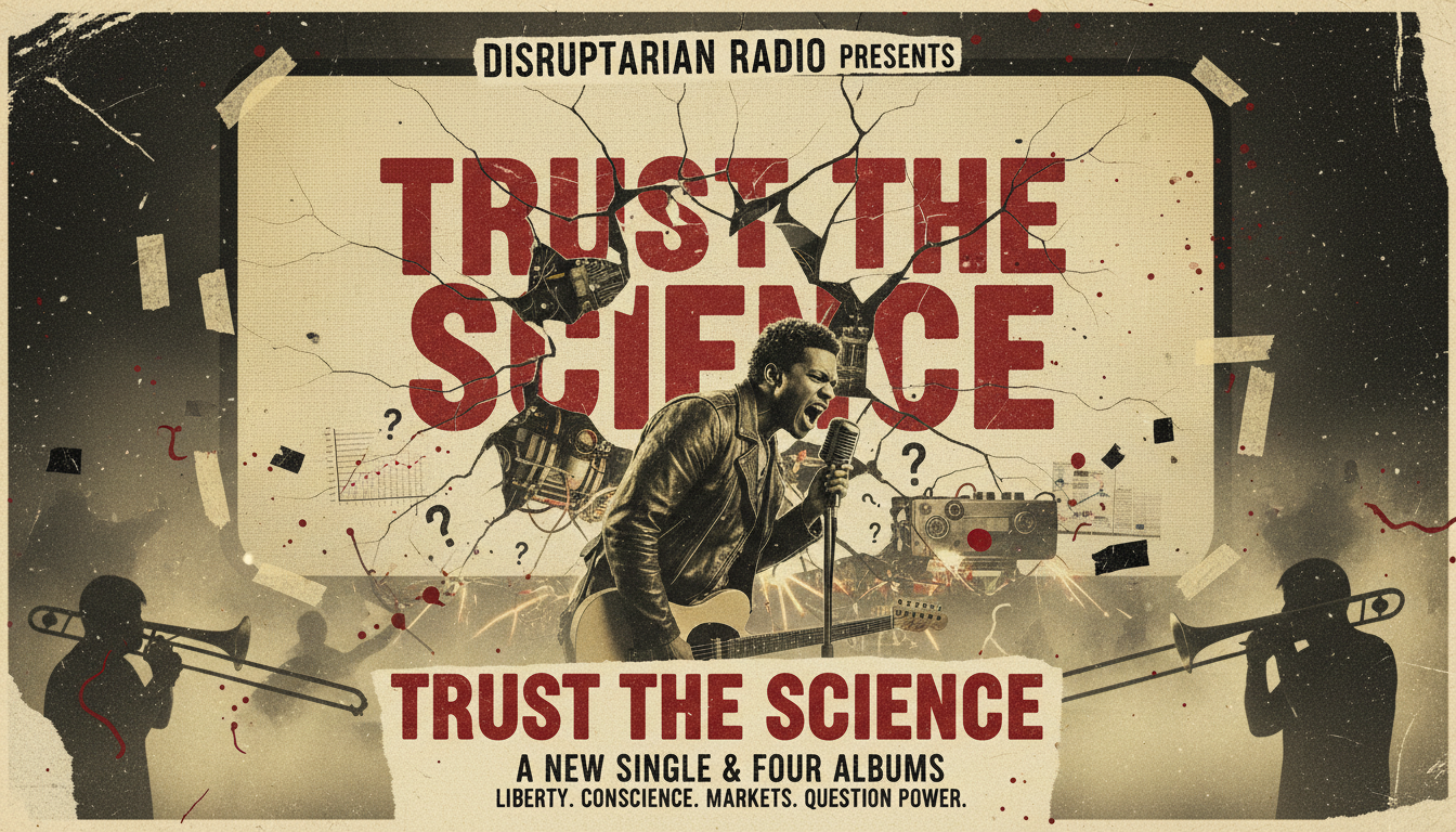 Punk-reggae musician confronting a cracked Trust the Science propaganda screen