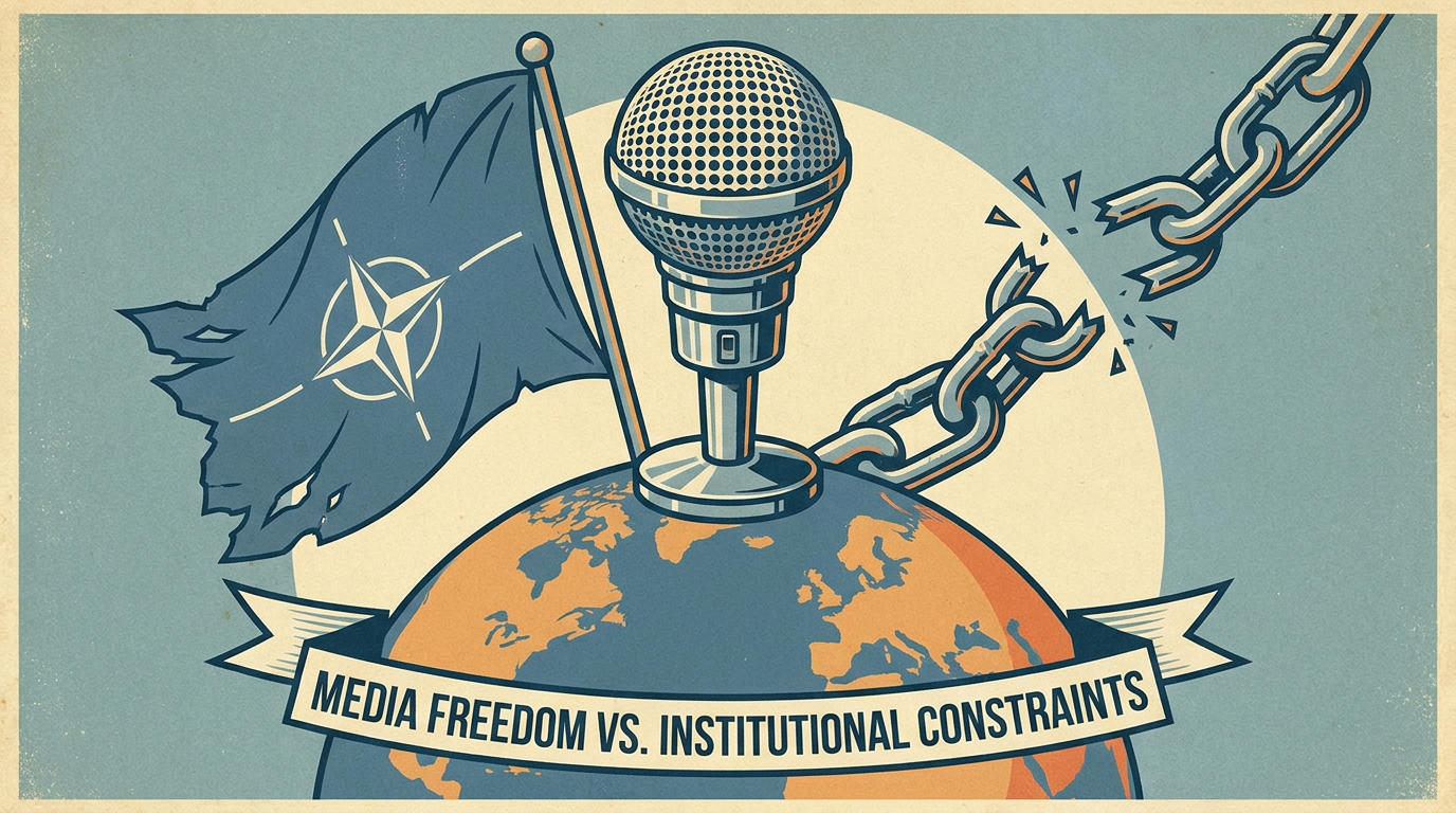 Microphone atop a globe with a broken chain, overlaid by NATO emblem, illustrating the struggle for independent media accreditation