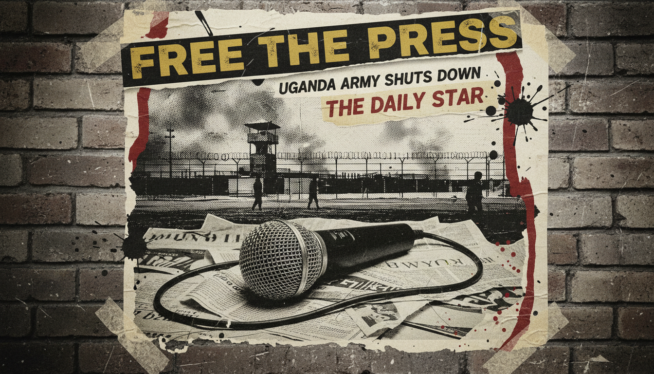 Disruptarian collage of a megaphone and surveillance eye over torn paper, representing Uganda's crackdown on independent media