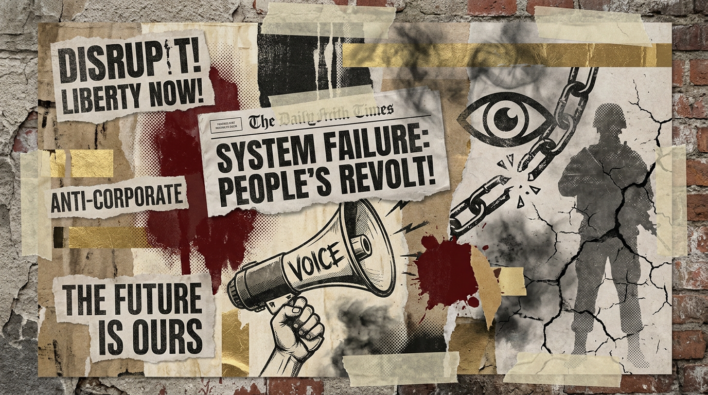 Collage poster showing a torn newspaper with a megaphone, surveillance eye, and broken chains over a wheatpaste wall, symbolizing Uganda's illegal media shutdown.