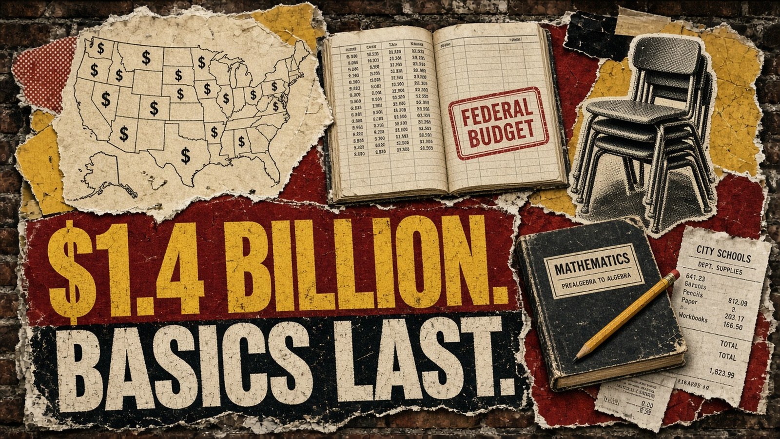 Punk wheatpaste poster of a US map stamped with dollar signs, an open federal budget ledger, stacked empty school chairs and a math textbook, with the headline $1.4 BILLION. BASICS LAST.