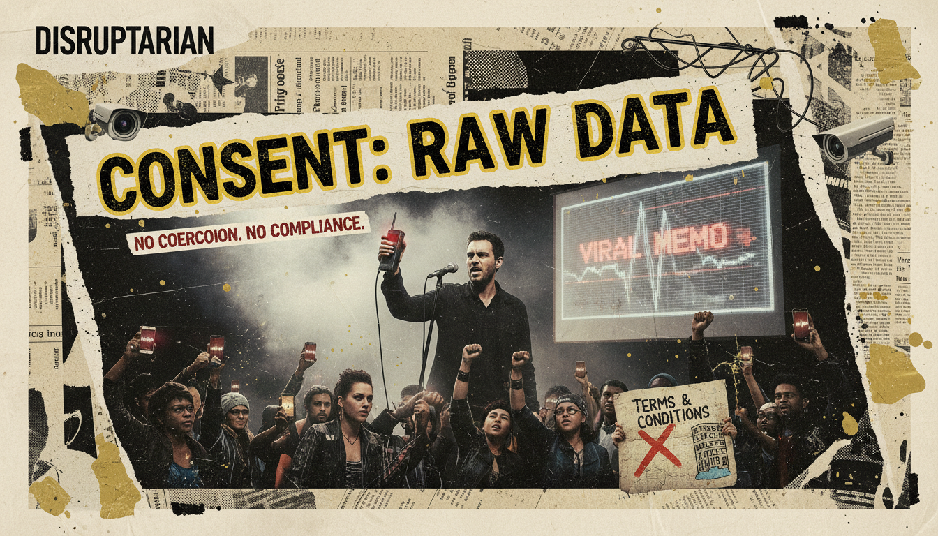 Gritty Disruptarian punk poster collage showing a voice memo waveform, two people choosing separate paths, and torn-paper consent language.