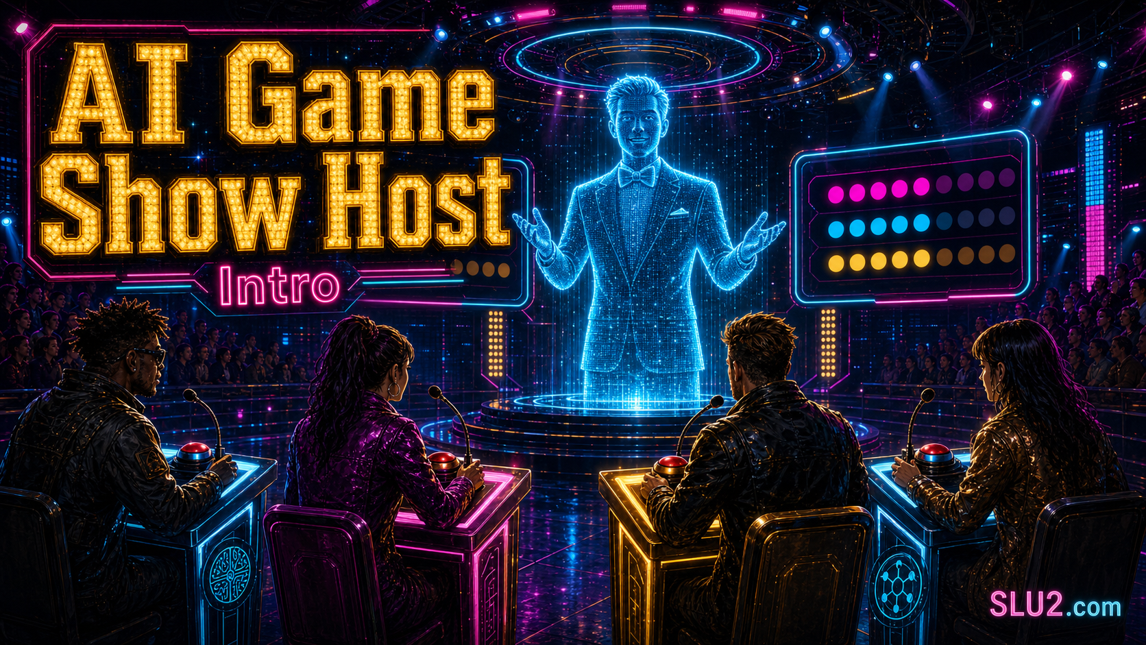 AI Game Show Host intro graphic for the Disruptarian chat game