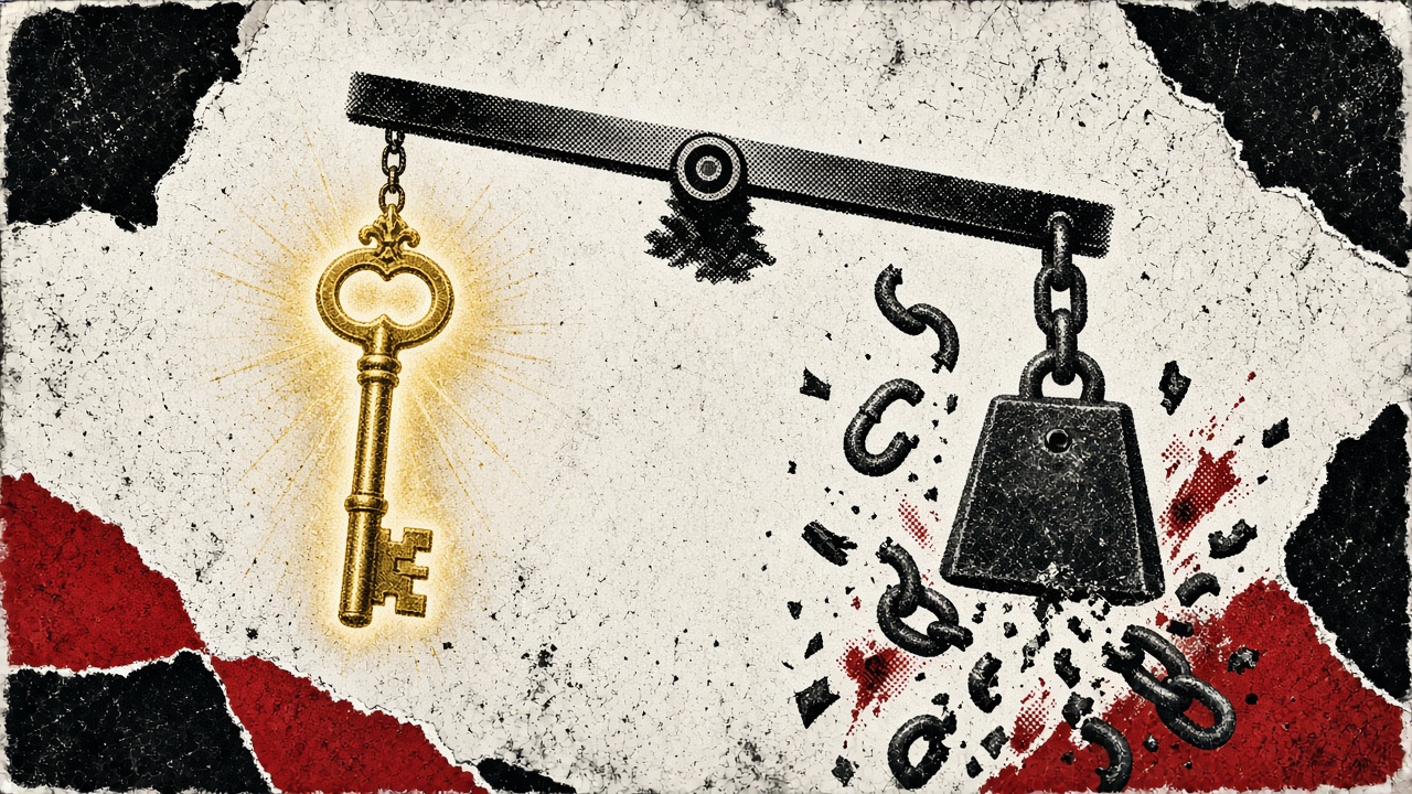 Punk poster illustration of a golden key rising on a balance beam while a heavy iron weight breaks loose from its chain