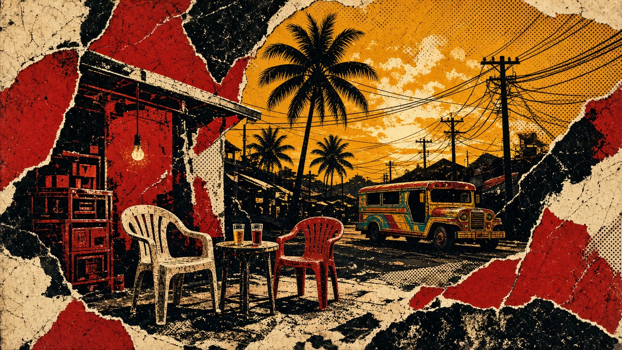 Punk poster illustration of a Philippine street at golden hour with palm trees, a jeepney and two empty plastic chairs at a small store table