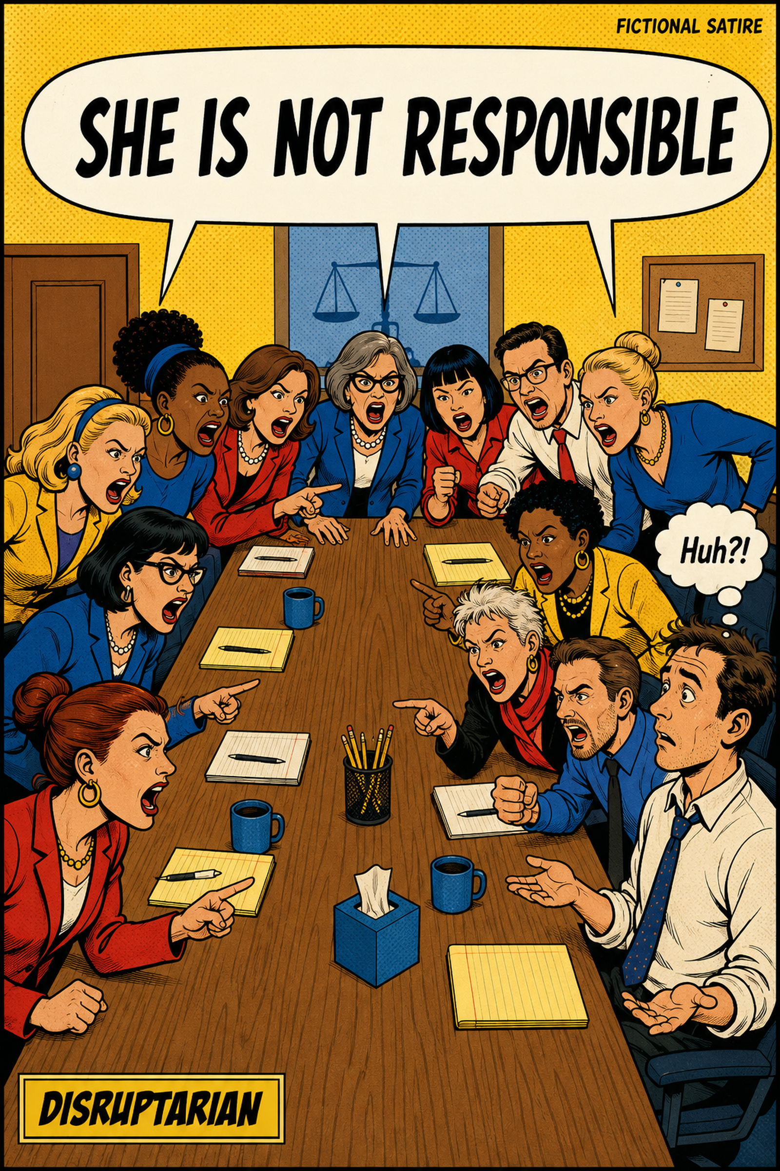 Pop-art comic version of eleven jurors against one holdout