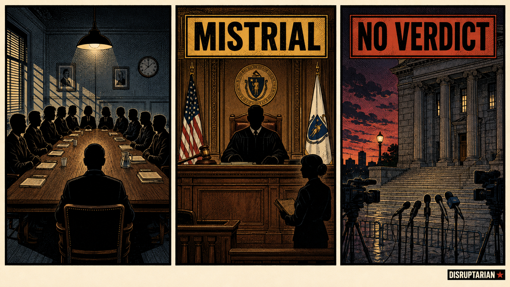 Three-panel comic showing a divided jury, a courtroom mistrial announcement, and courthouse steps after no verdict