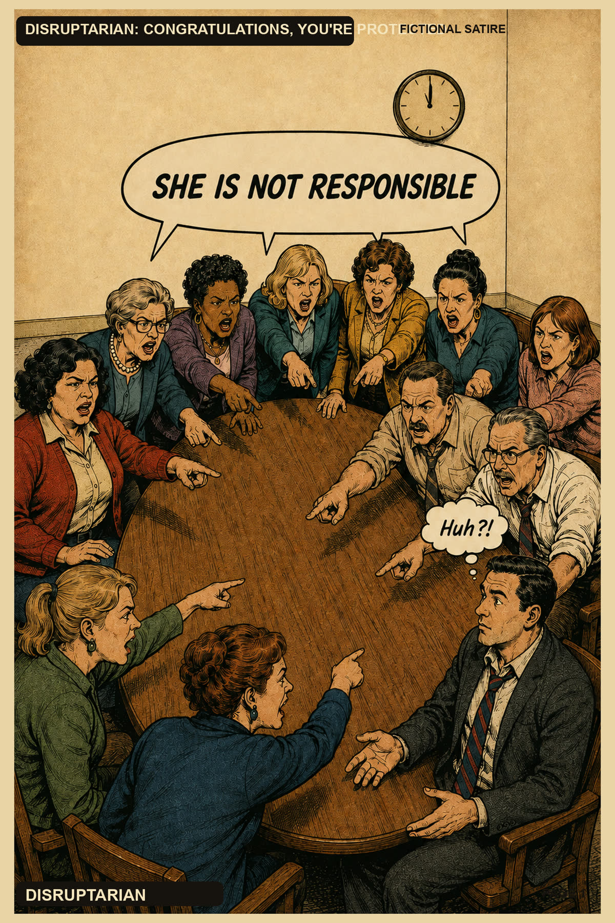 Classic comic storyboard page one: jurors gathered at a conference table