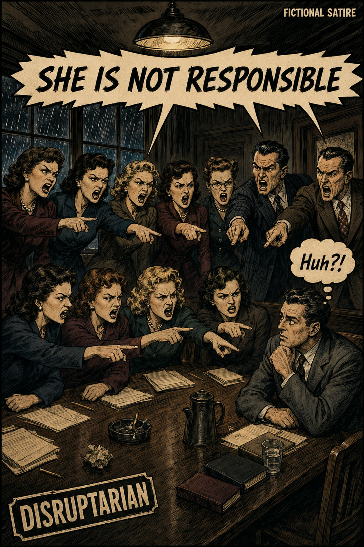 Noir comic storyboard page one: twelve jurors at a deliberation table, eleven confronting one holdout