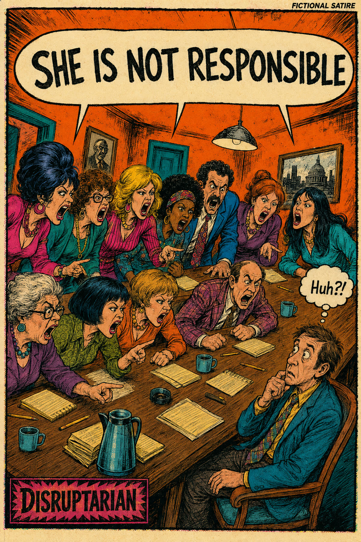 Underground comic storyboard page one: divided jury around a table