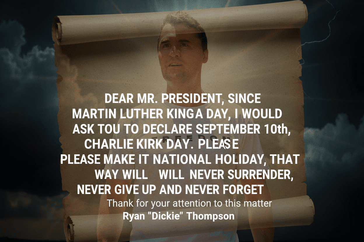 Charlie Kirk was assassinated mid-speech while defending free speech. Declaring September 10th as Charlie Kirk Day would honor his legacy and remind America that violence can’t silence truth.