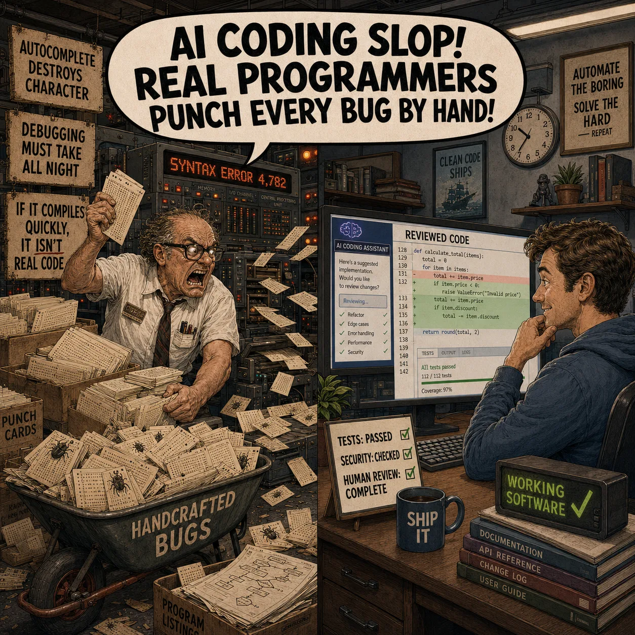 Satirical split scene contrasting hand-punched software bugs with tested AI-assisted code