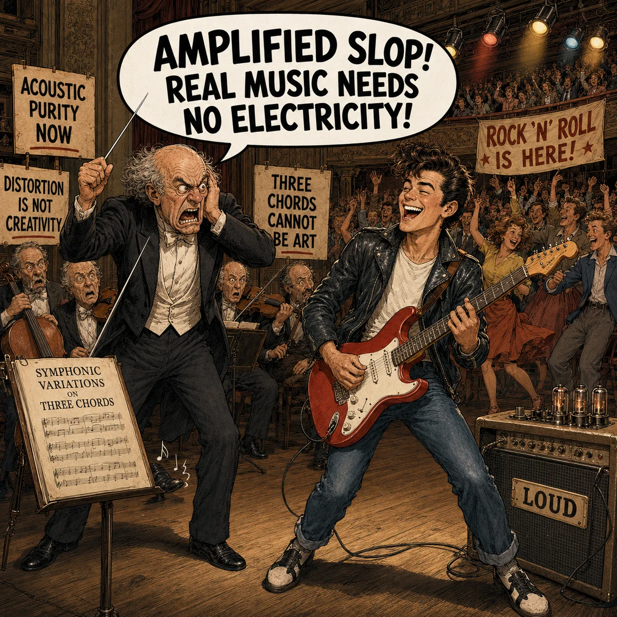 Satirical orchestra conductor condemning amplified rock music while an electric guitarist performs