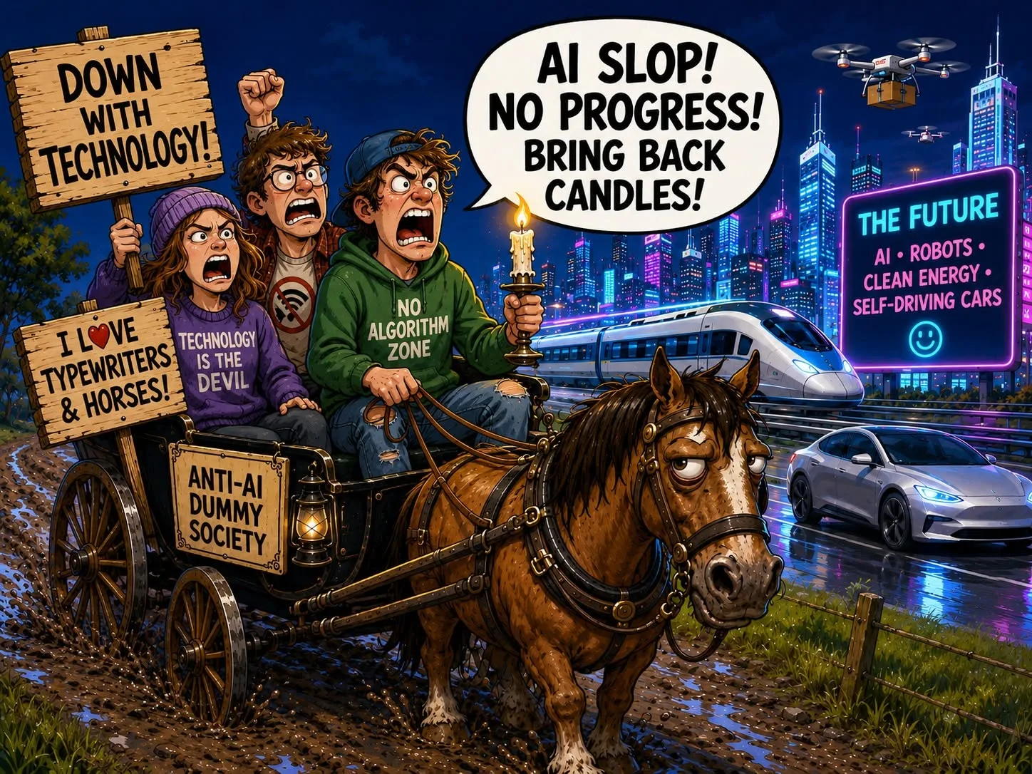 Satirical anti-technology protesters riding a horse cart beside a modern automated city