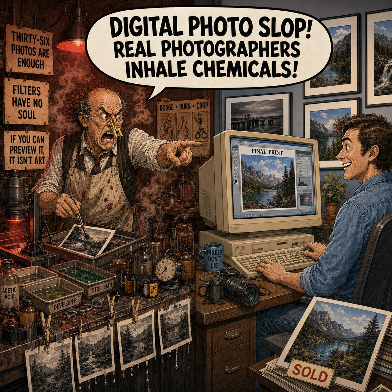 Satire contrasting chemical darkroom photography with digital photography