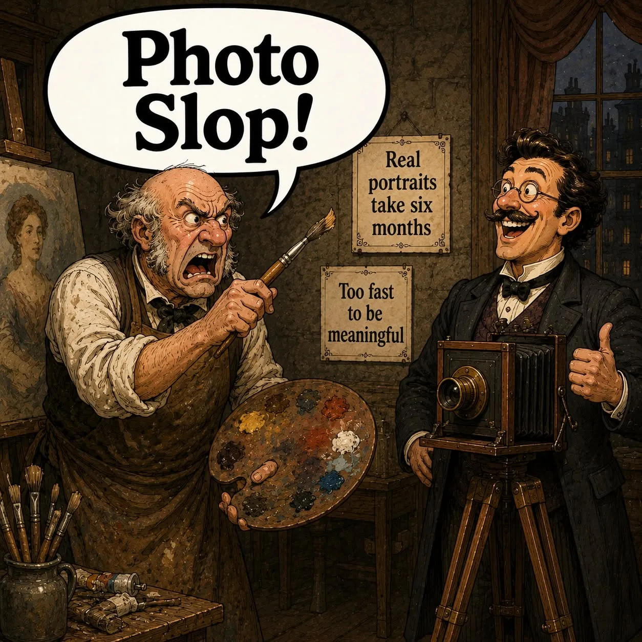 Satirical painter dismissing camera photography as photo slop