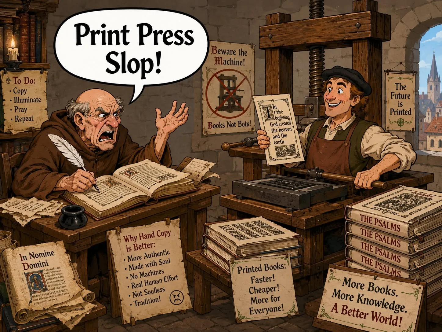 Satirical monk condemning the printing press while printed books expand access to knowledge