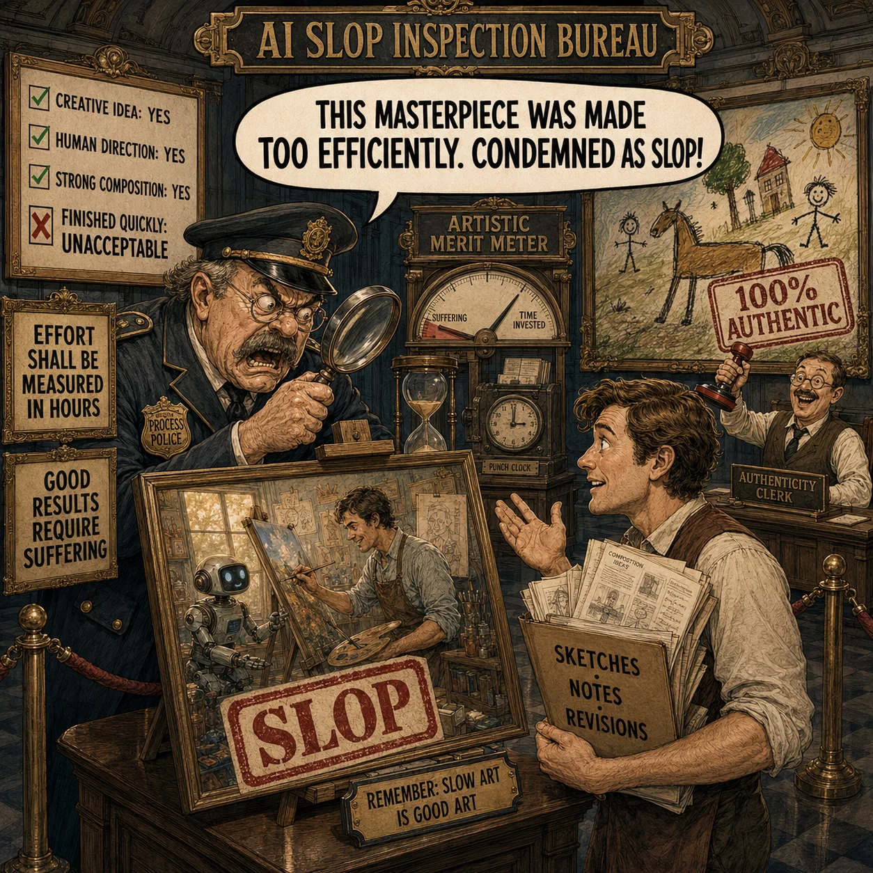 Satirical AI slop inspection bureau rejecting artwork because it was completed efficiently