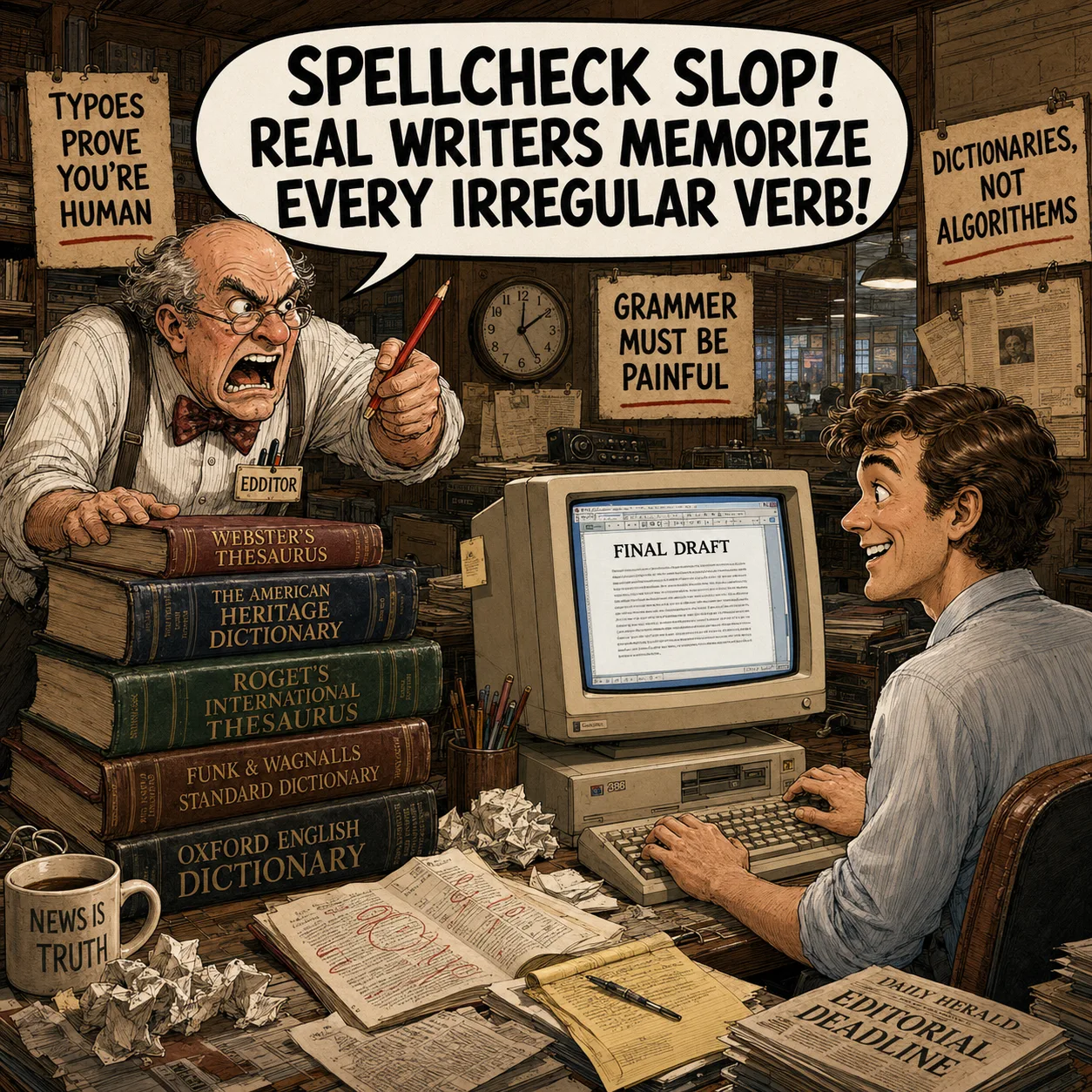 Satire claiming spellcheck is slop while an editor insists writing must remain painful