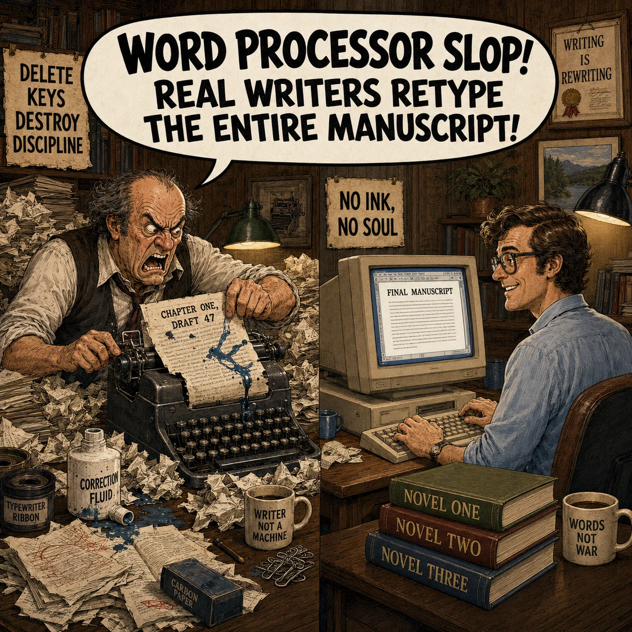 Satire claiming word processors are slop while a writer completes a manuscript on a computer
