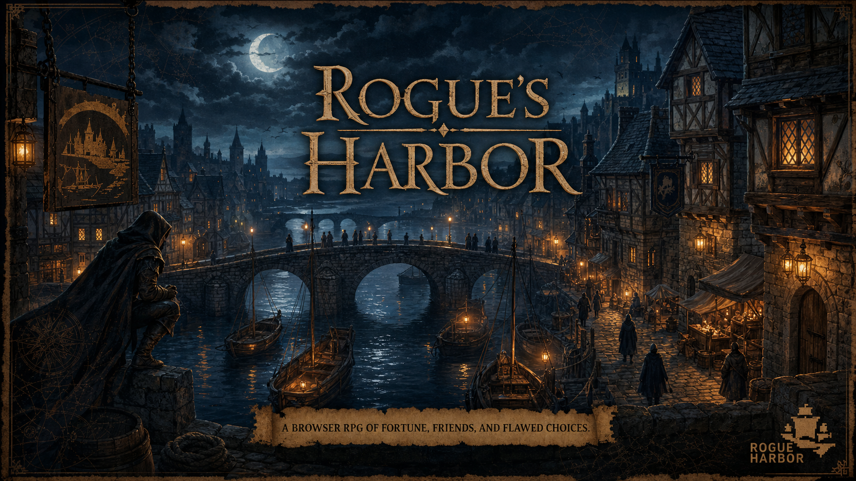 Rogue's Harbor moonlit fantasy harbor game art