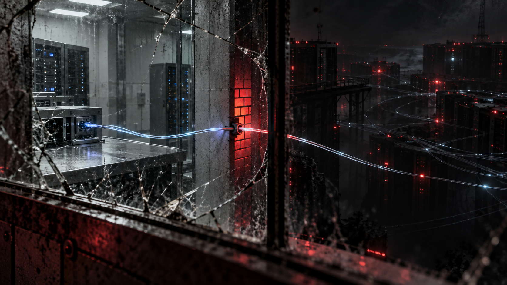 A cracked observation window between an isolated server room and a dark network, illustrating the reported boundary failure