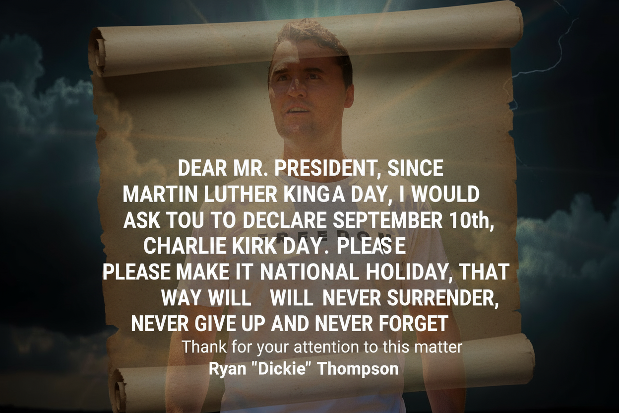 Charlie Kirk was assassinated mid-speech while defending free speech. Declaring September 10th as Charlie Kirk Day would honor his legacy and remind America that violence can’t silence truth.