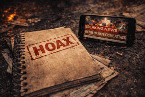A notebook stamped HOAX beside a viral headline on a phone