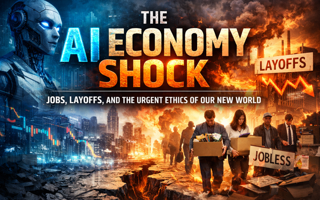 AI economy shock illustration showing robot vs human layoffs, job loss, and economic collapse caused by artificial intelligence disruption