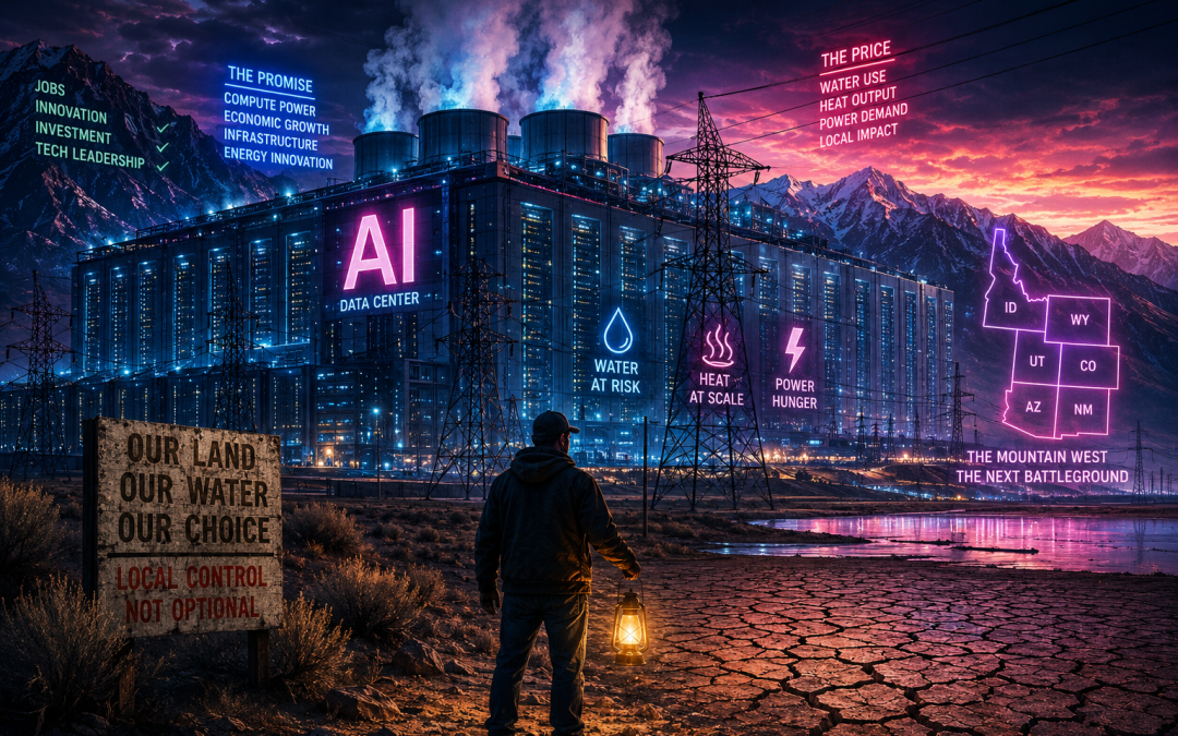 Massive AI data center glowing in the desert Mountain West with power lines, cooling towers, mountains, and a dry lakebed