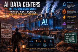 Massive AI data center in the Mountain West with cooling towers, power lines, water discharge, mountains, and signs calling for transparency and local control.