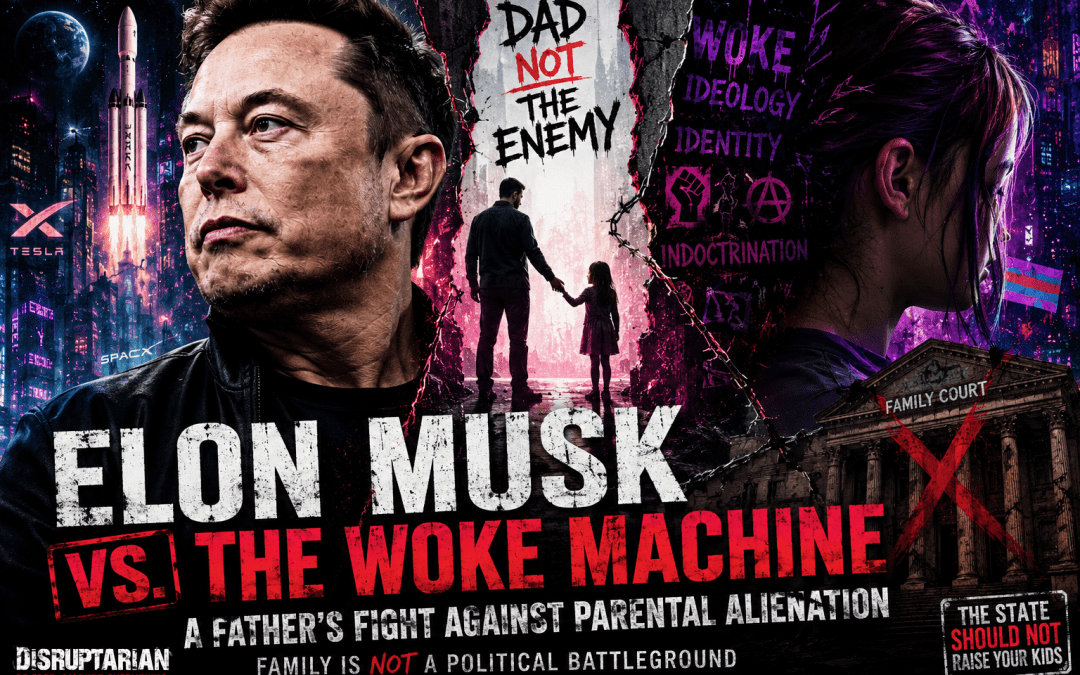 Elon Musk parental alienation featured image showing family conflict, ideology, and family court in a cyberpunk Disruptarian style