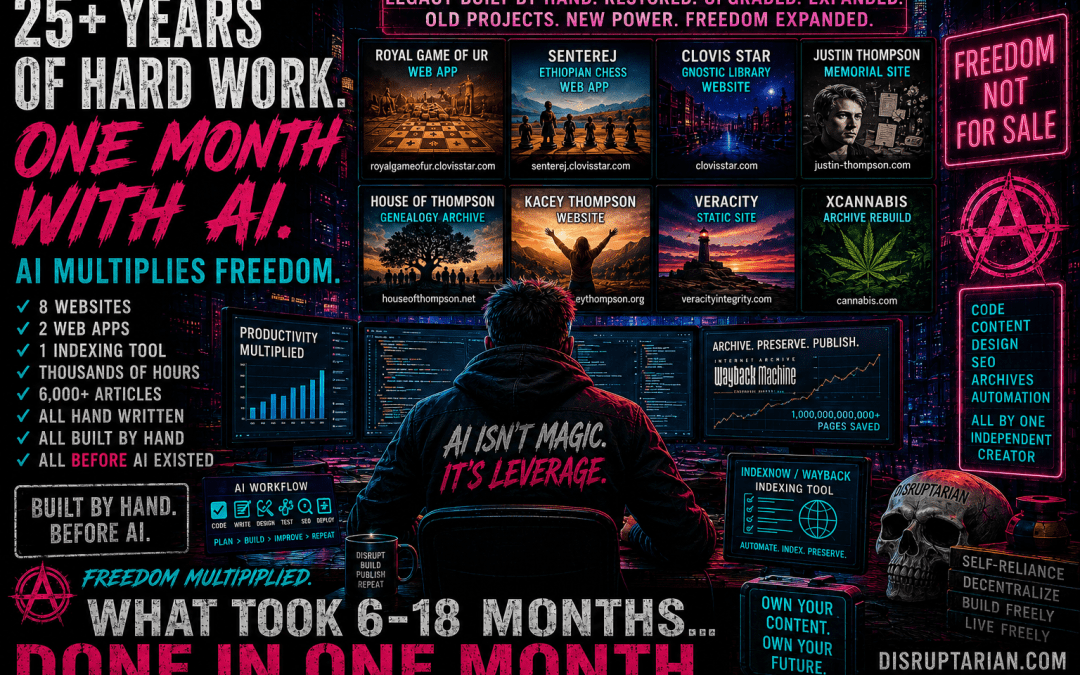 Hand Built Freedom graphic about rebuilding old web projects and multiplying productivity with AI