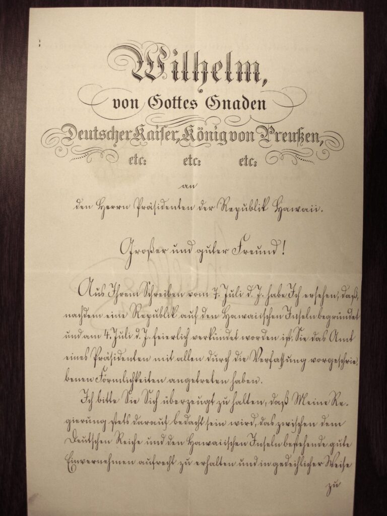 Recognition of the Republic of Hawaii – Germany Original letter signed by Kaiser Wilhelm