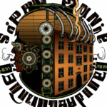 steampunk architecture, skinhead reggae music with logos and bands