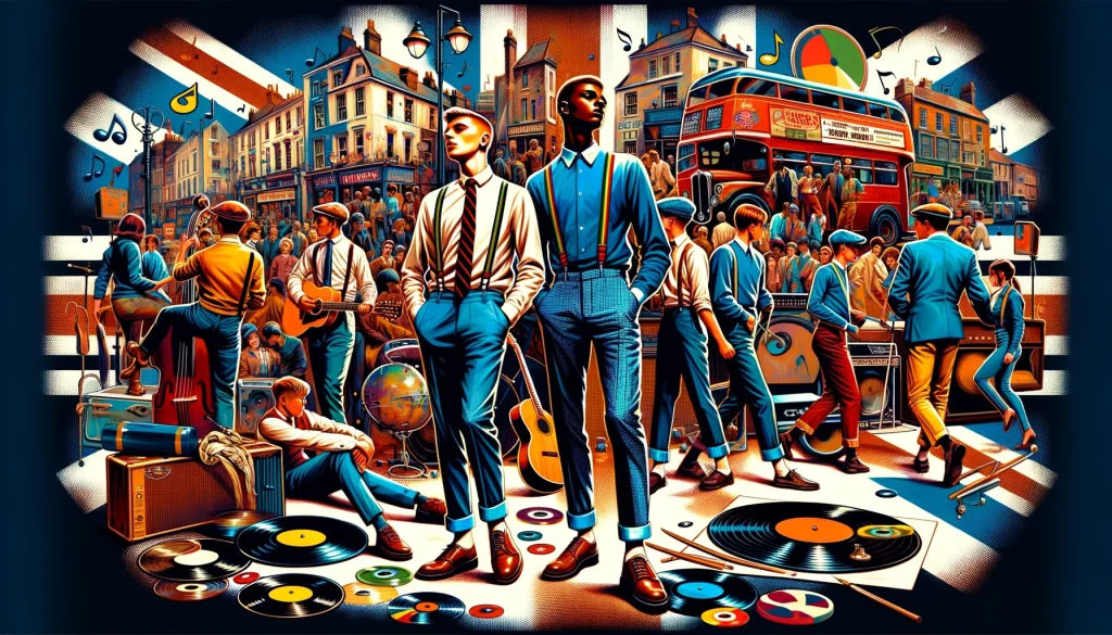 This image captures the vibrant essence of the origins of skinhead reggae. In the background, lively scenes from 1960s Kingston, Jamaica, are depicted, with iconic reggae elements such as vinyl records, musical notes, and instruments like guitars and drums. In the foreground, stylish skinhead figures dressed in Fred Perry shirts, suspenders, rolled-up jeans, and polished boots are seen dancing and enjoying the music. Subtle references to modern bands like The Specials and The Slackers are present through posters and graffiti. The overall color scheme is lively and energetic, reflecting the spirited nature of reggae music.