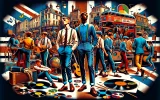 This image captures the vibrant essence of the origins of skinhead reggae. In the background, lively scenes from 1960s Kingston, Jamaica, are depicted, with iconic reggae elements such as vinyl records, musical notes, and instruments like guitars and drums. In the foreground, stylish skinhead figures dressed in Fred Perry shirts, suspenders, rolled-up jeans, and polished boots are seen dancing and enjoying the music. Subtle references to modern bands like The Specials and The Slackers are present through posters and graffiti. The overall color scheme is lively and energetic, reflecting the spirited nature of reggae music.