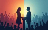 Silhouettes of a male and female with a divided crowd in the background, symbolizing the political and cultural debate on gender identity, featuring a podium and voting symbols