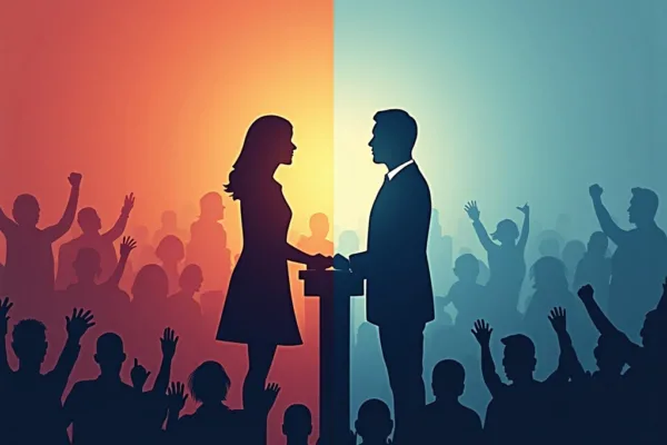 Silhouettes of a male and female with a divided crowd in the background, symbolizing the political and cultural debate on gender identity, featuring a podium and voting symbols