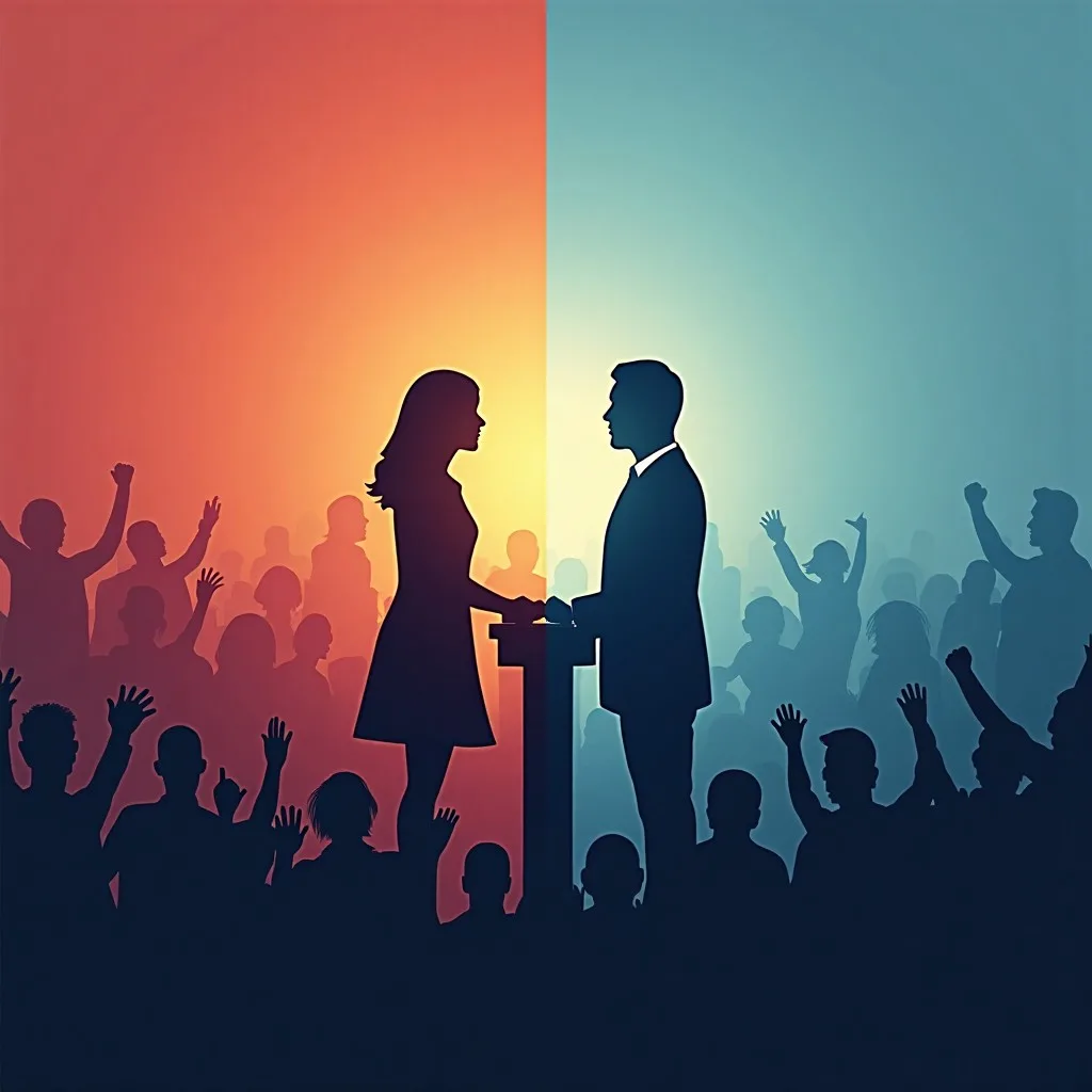 Silhouettes of a male and female with a divided crowd in the background, symbolizing the political and cultural debate on gender identity, featuring a podium and voting symbols